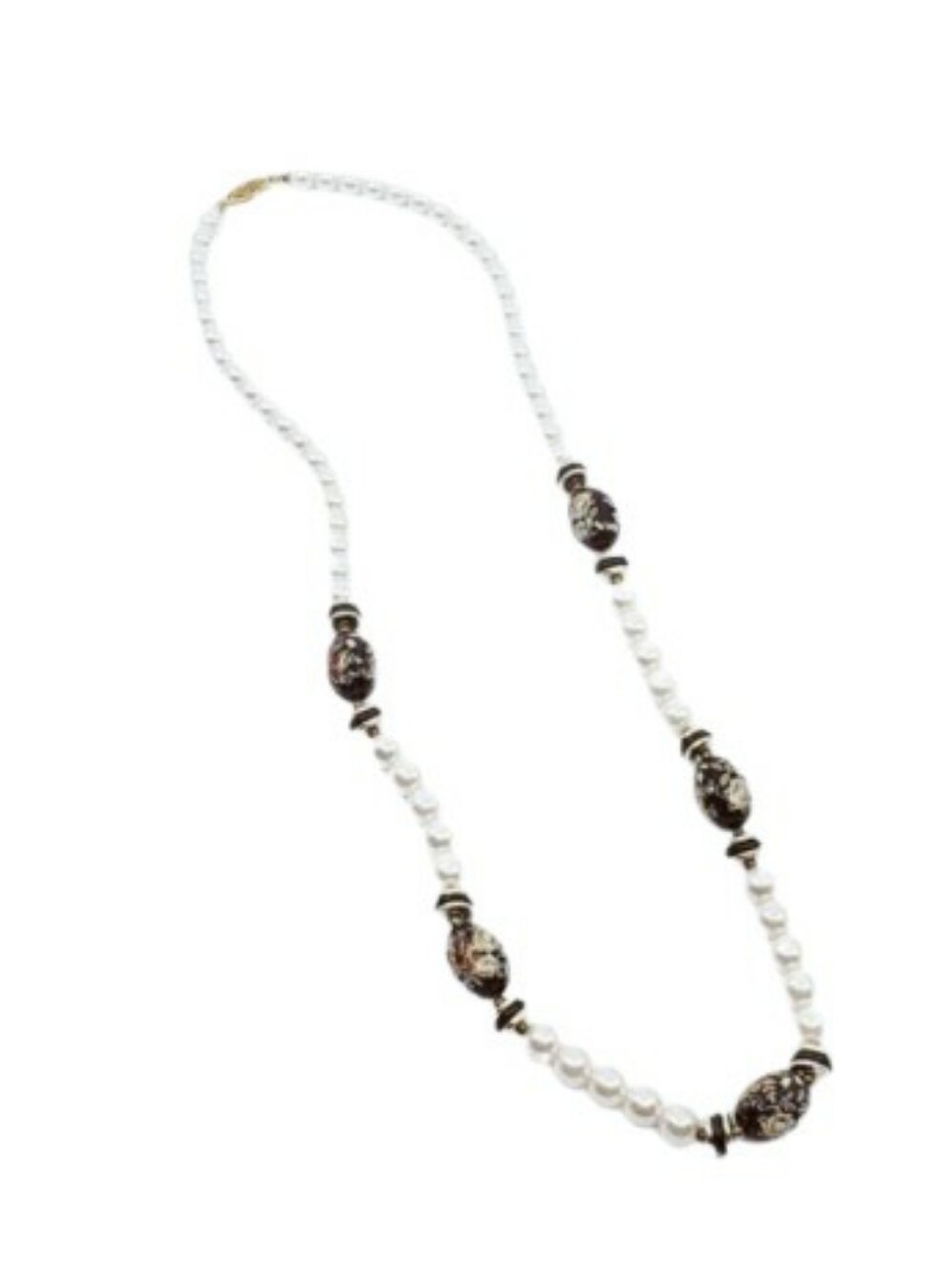 Elegant Pearl and Black Floral Bead Necklace 13"